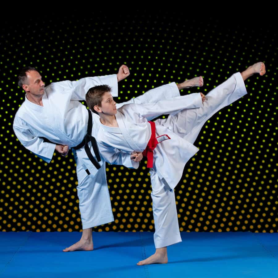 Martial Arts Lessons for Families in Flushing NY - Dad and Son High Kick